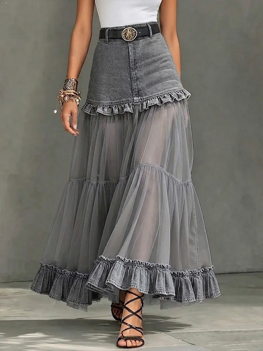Casual Denim-paneled Chiffon Ruffled Skirt