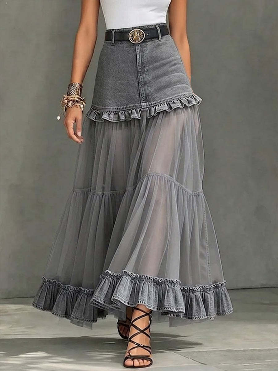 Casual Denim-paneled Chiffon Ruffled Skirt