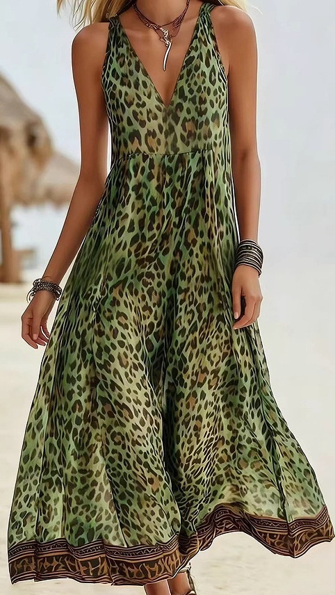 Women's Leopard Print Casual Sleeveless V-Neck Dress
