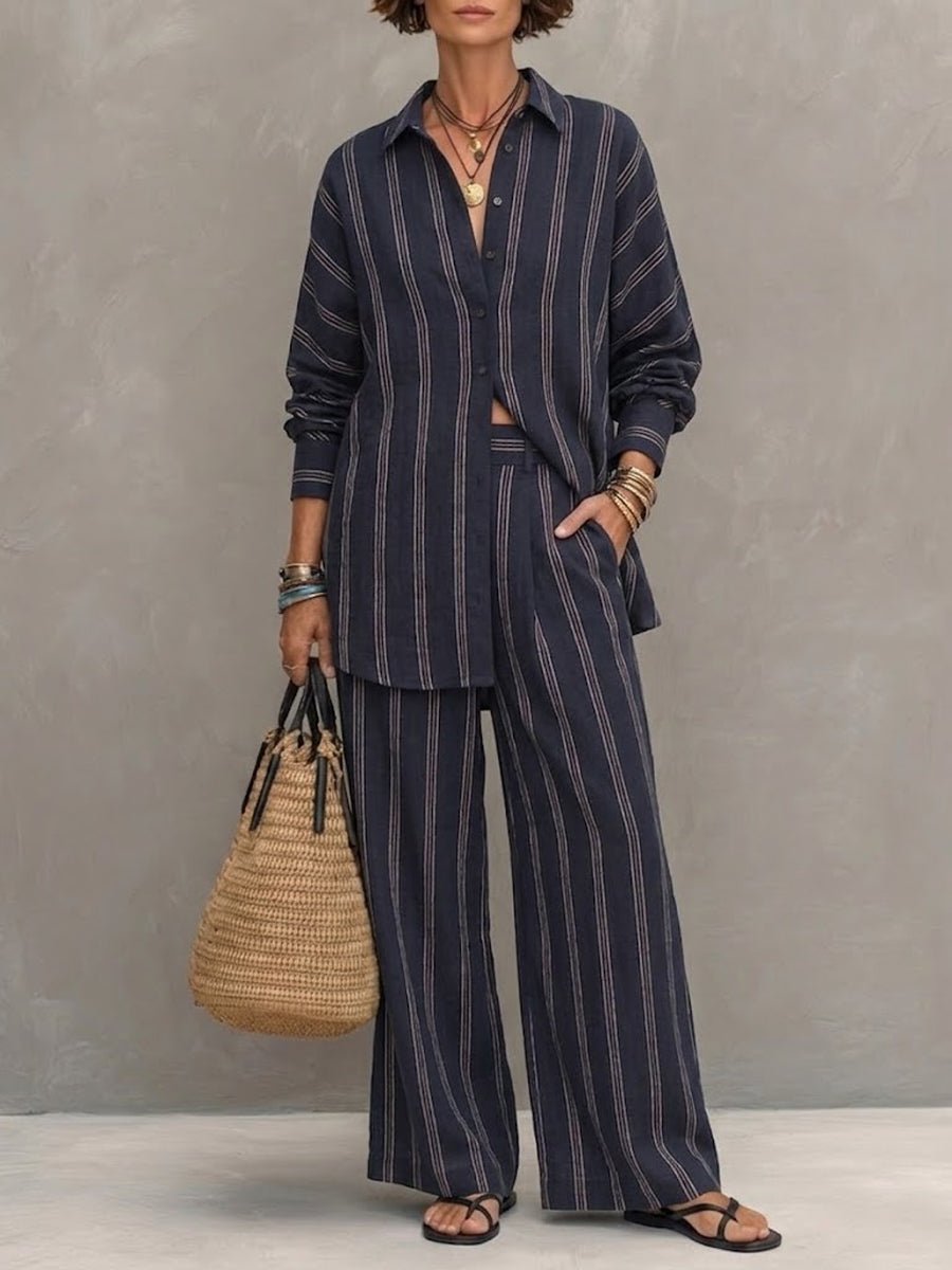 Women's Casual Striped Cotton-linen Set