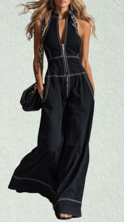 Women's Stylish & Elegant Sleeveless Wide-Leg Jumpsuit with Front Zipper