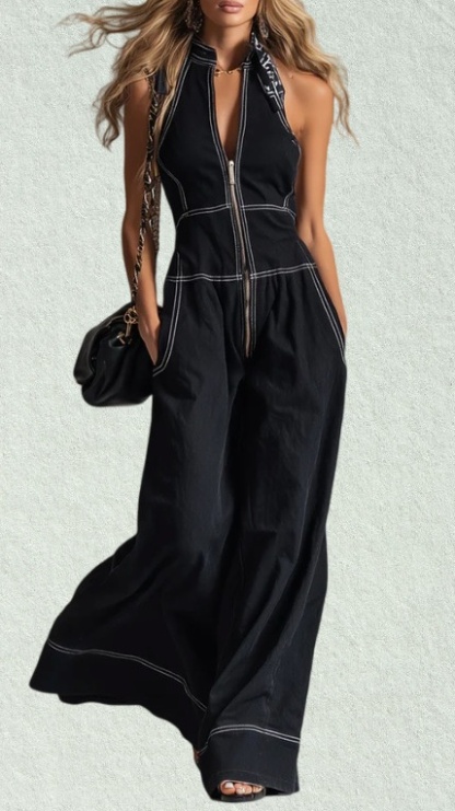 Women's Stylish & Elegant Sleeveless Wide-Leg Jumpsuit with Front Zipper