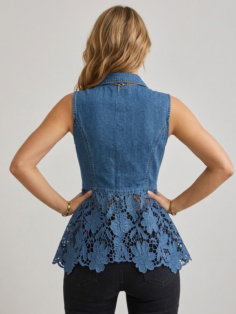 New Arrivals 🔥 Stylish Spliced ​​lace & Zipper Denim Top