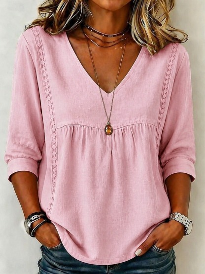 Women's Linen Blend V-Neck 3/4 Sleeve Casual Loose Blouse