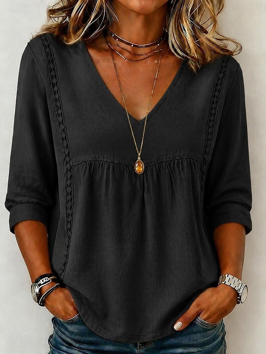 Women's Linen Blend V-Neck 3/4 Sleeve Casual Loose Blouse