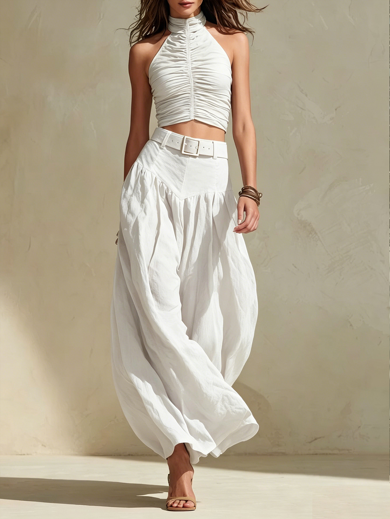 Boho Olive Green Ruched Top & High-Waisted Wide Leg Pants Two-Piece Set  [Belt not included]