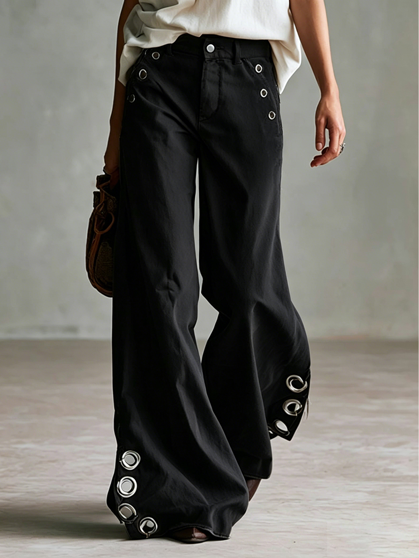 Versatile Retro Style With Metal Eyelets Caramel-colored Wide-leg Trousers