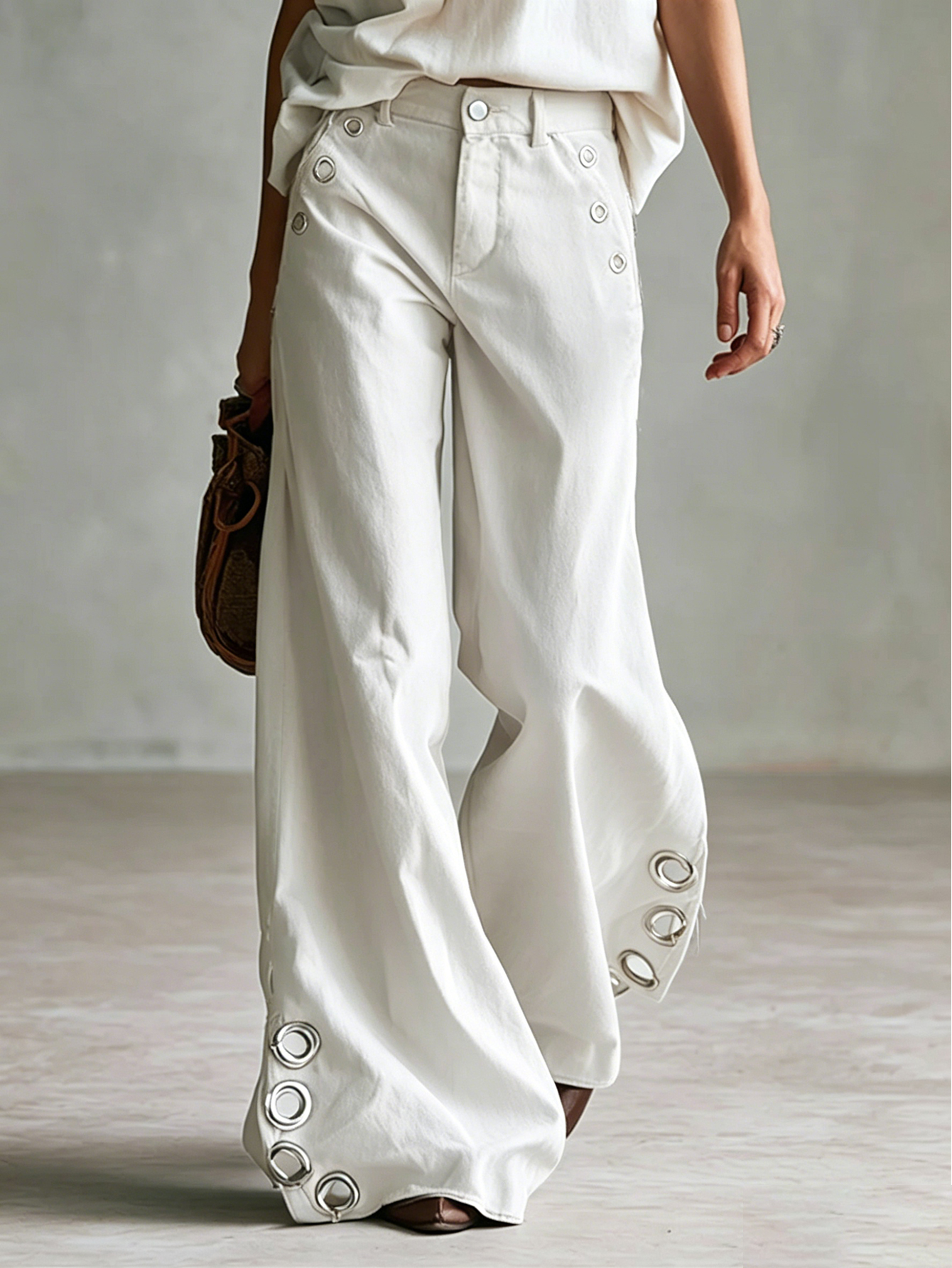 Versatile Retro Style With Metal Eyelets Caramel-colored Wide-leg Trousers