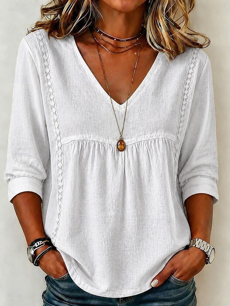 Women's Linen Blend V-Neck 3/4 Sleeve Casual Loose Blouse