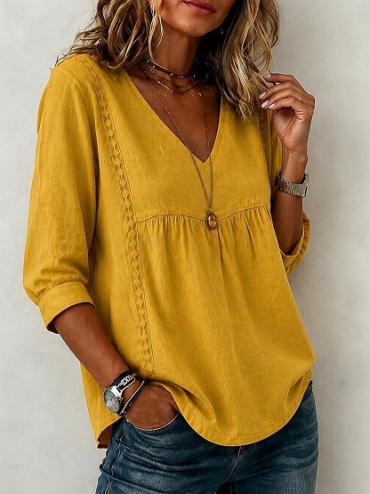 Women's Linen Blend V-Neck 3/4 Sleeve Casual Loose Blouse
