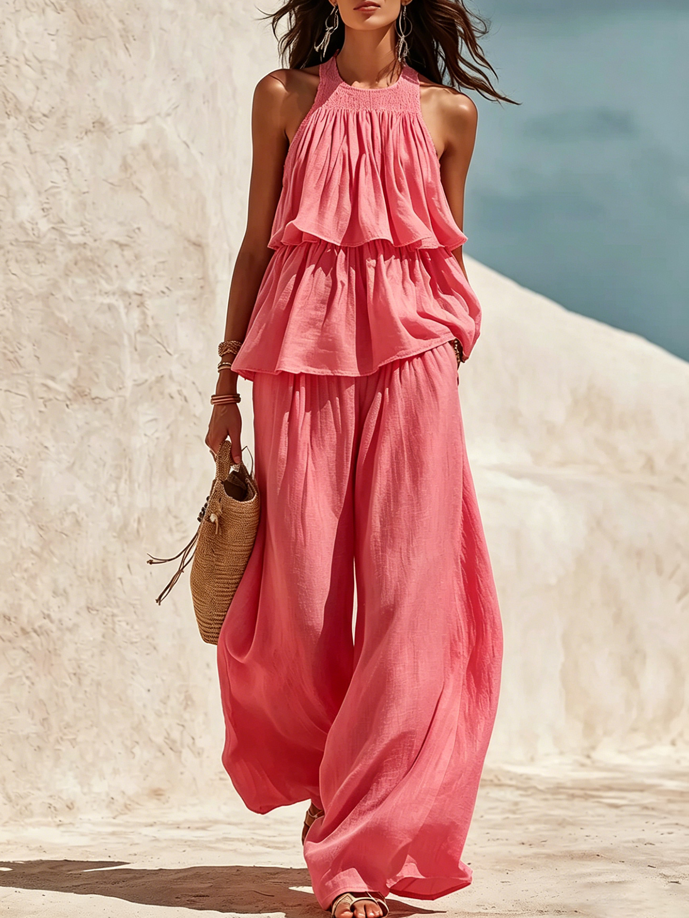 Retro Bohemian Layered Ruffled Tank Top And Wide-Leg Pants Set