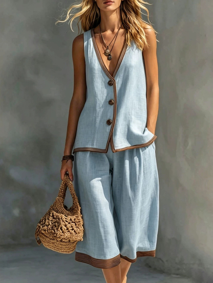 Women's Linen Blend Sleeveless V-Neck Top & Wide Leg Cropped Pants Set