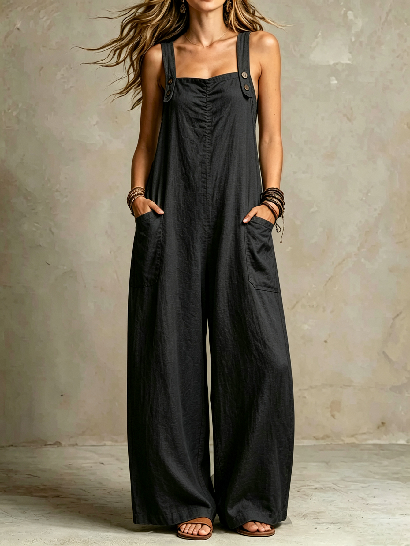 Sleeveless Wide-Leg Jumpsuit with Button Straps & Pockets
