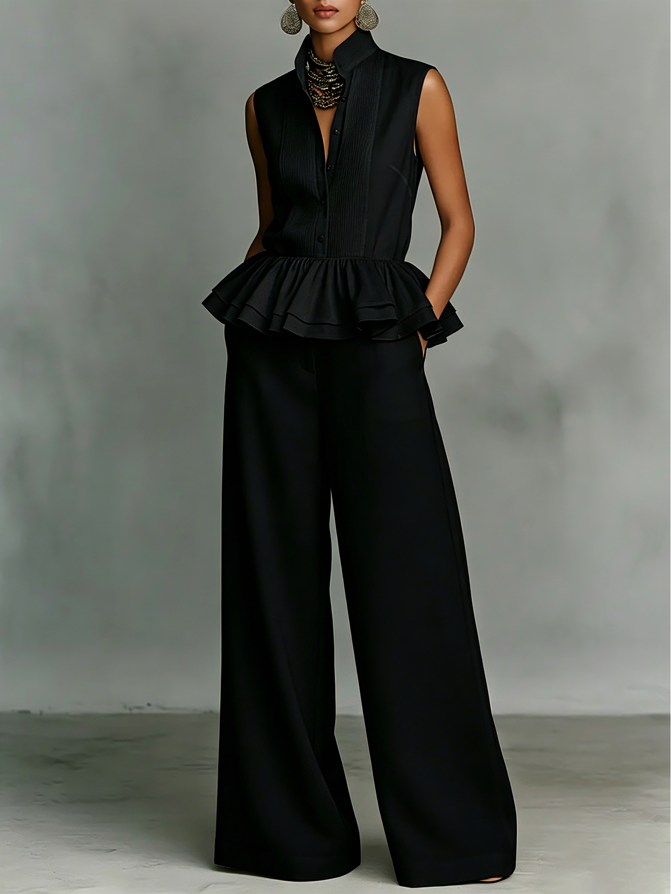 Sleeveless Ruffle Hem Wide Leg Set – Stand Collar Button Front Top & High Waist Pants