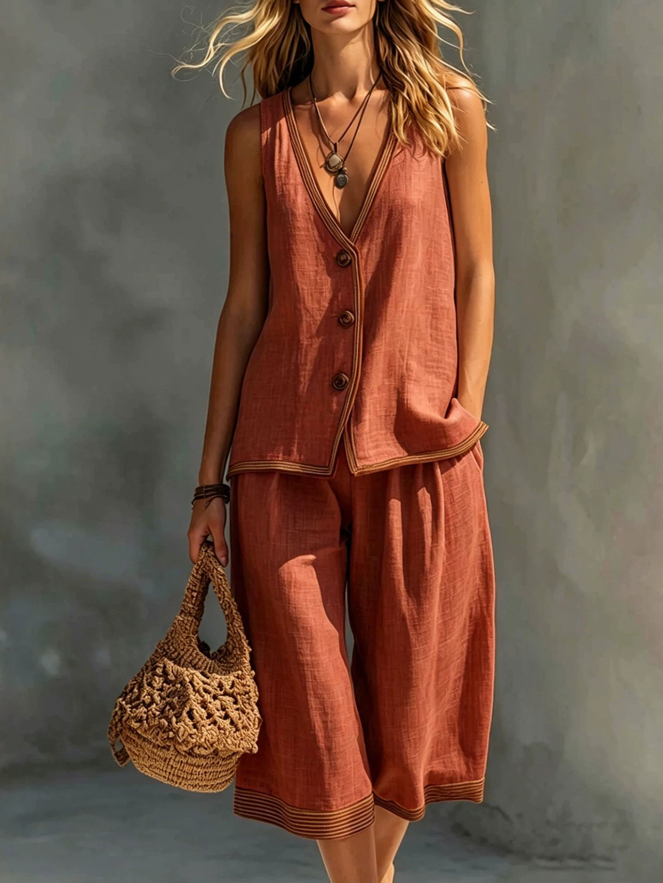 Women's Linen Blend Sleeveless V-Neck Top & Wide Leg Cropped Pants Set