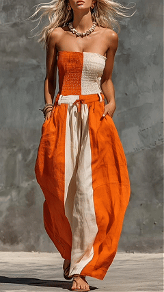 Women's strapless orange and off-white contrasting cotton-linen jumpsuit