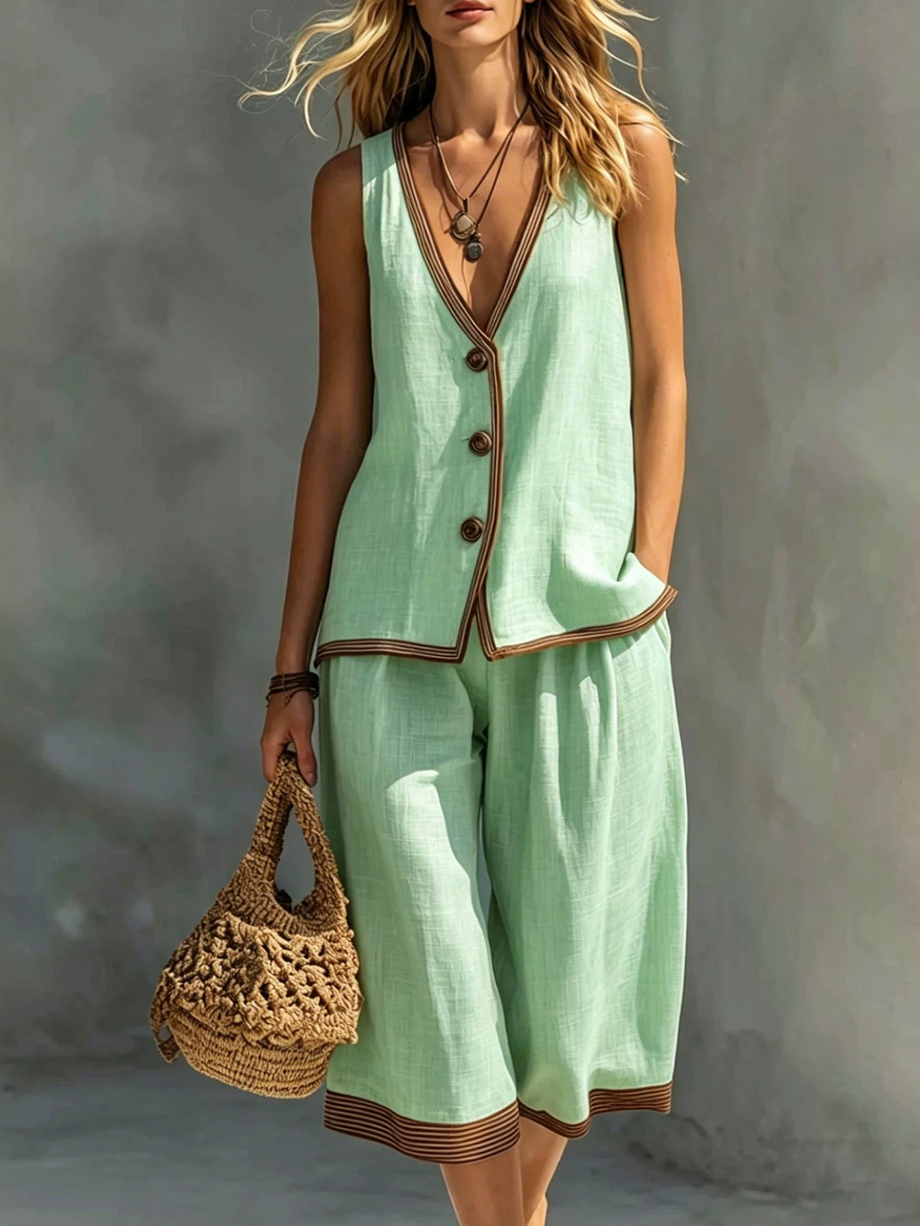 Women's Linen Blend Sleeveless V-Neck Top & Wide Leg Cropped Pants Set