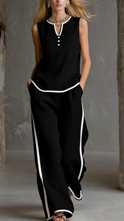 Women's Cotton-Blend Textured Sleeveless Top and Wide-Leg Pants Set