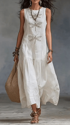 Women's Cotton-Blend Dragonfly Print Sleeveless Maxi Dress