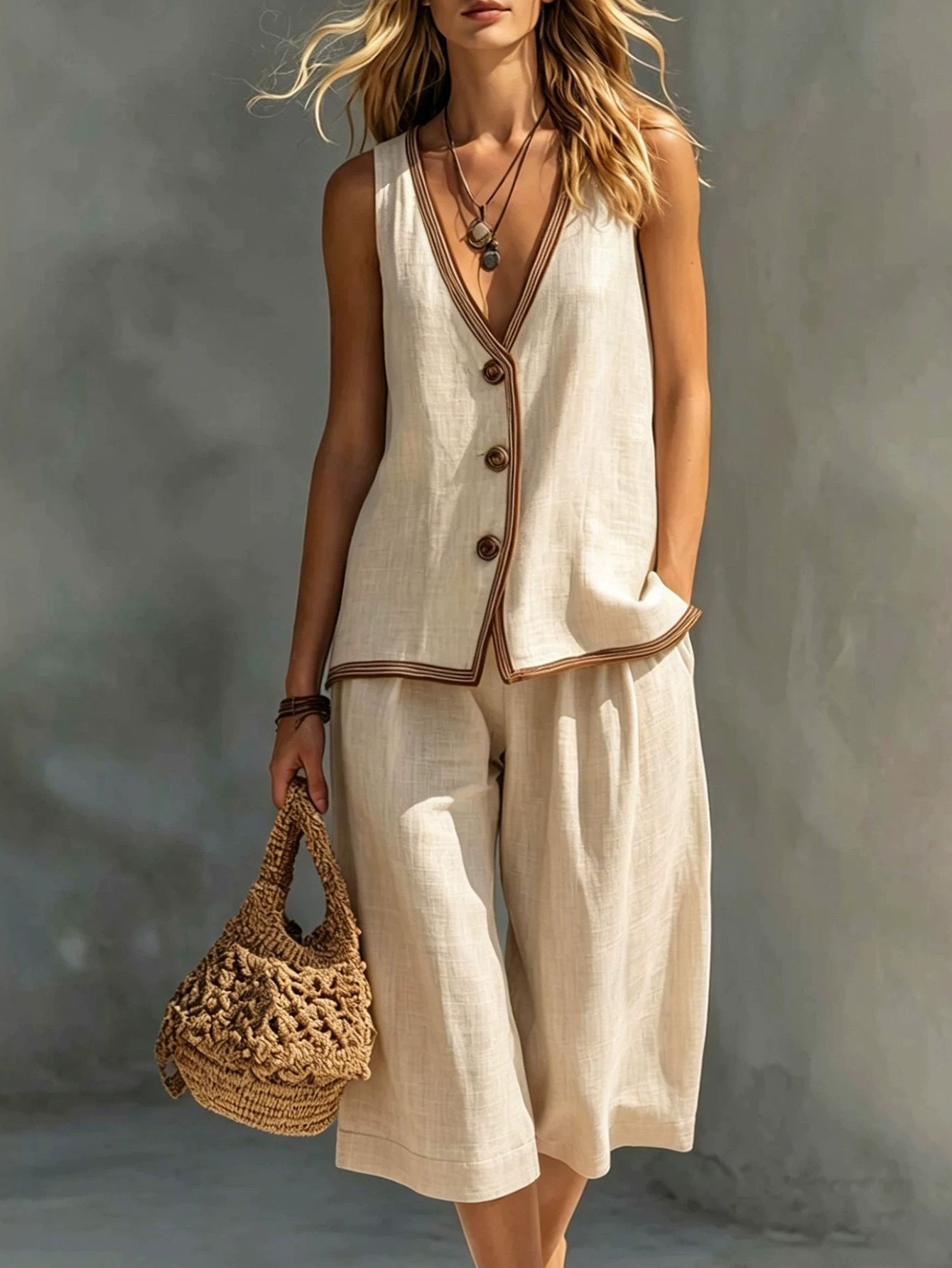 Women's Linen Blend Sleeveless V-Neck Top & Wide Leg Cropped Pants Set
