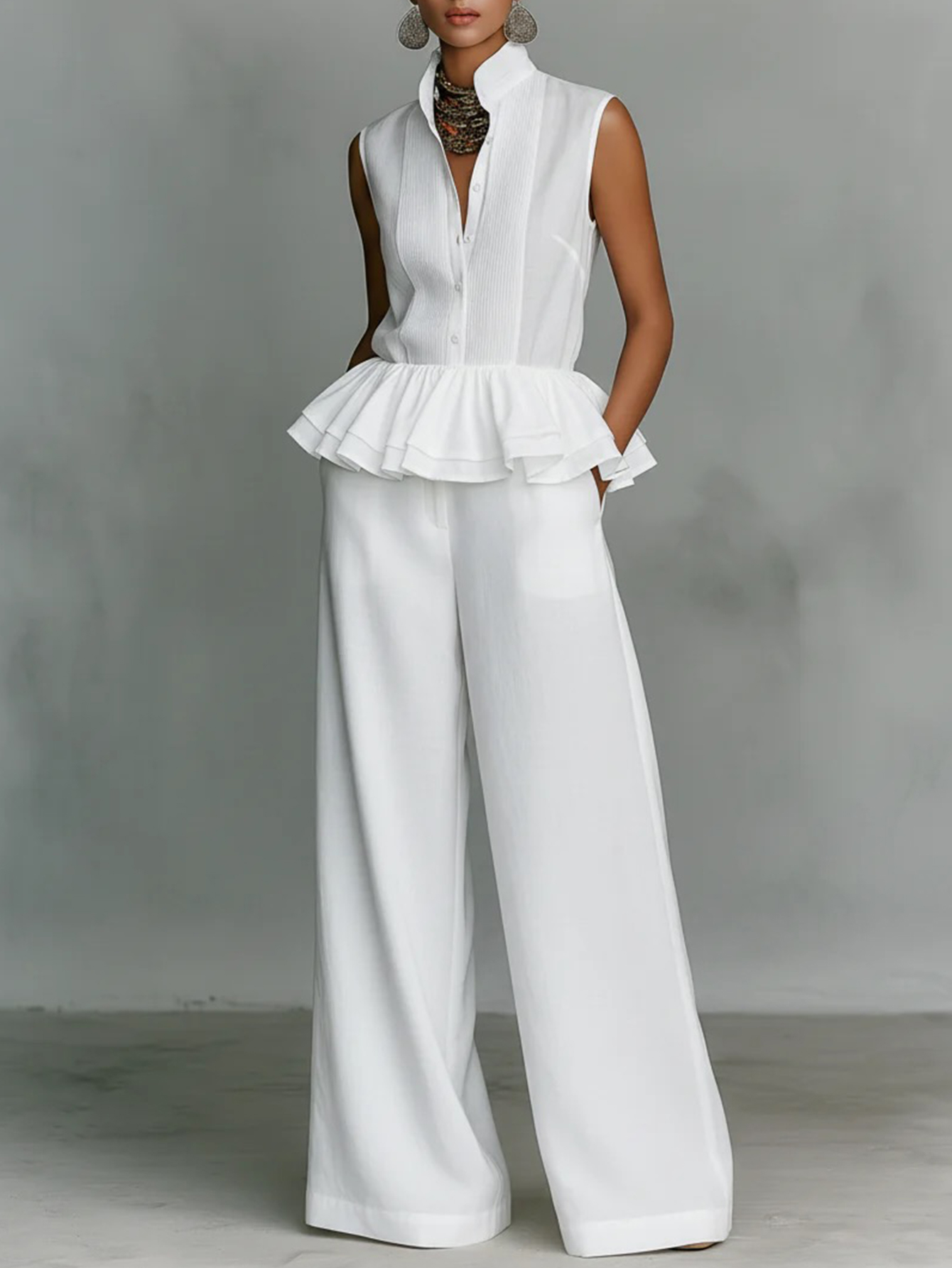 Sleeveless Ruffle Hem Wide Leg Set – Stand Collar Button Front Top & High Waist Pants