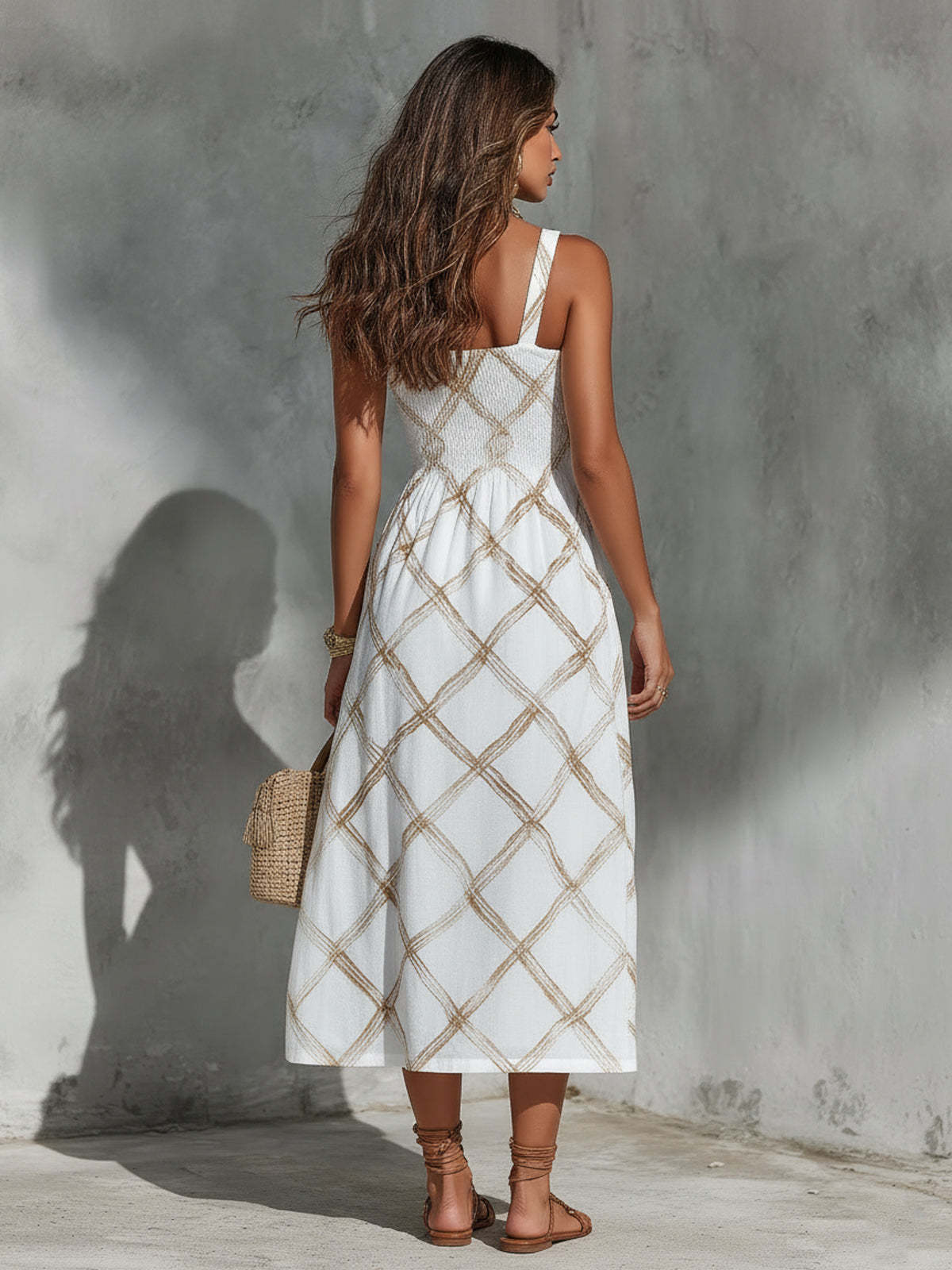Chic Elegant White-Camel Argyle Pattern Print Spaghetti Straps Square-Neck Sleeveless Elastic-Waist A-Line Maxi Dress