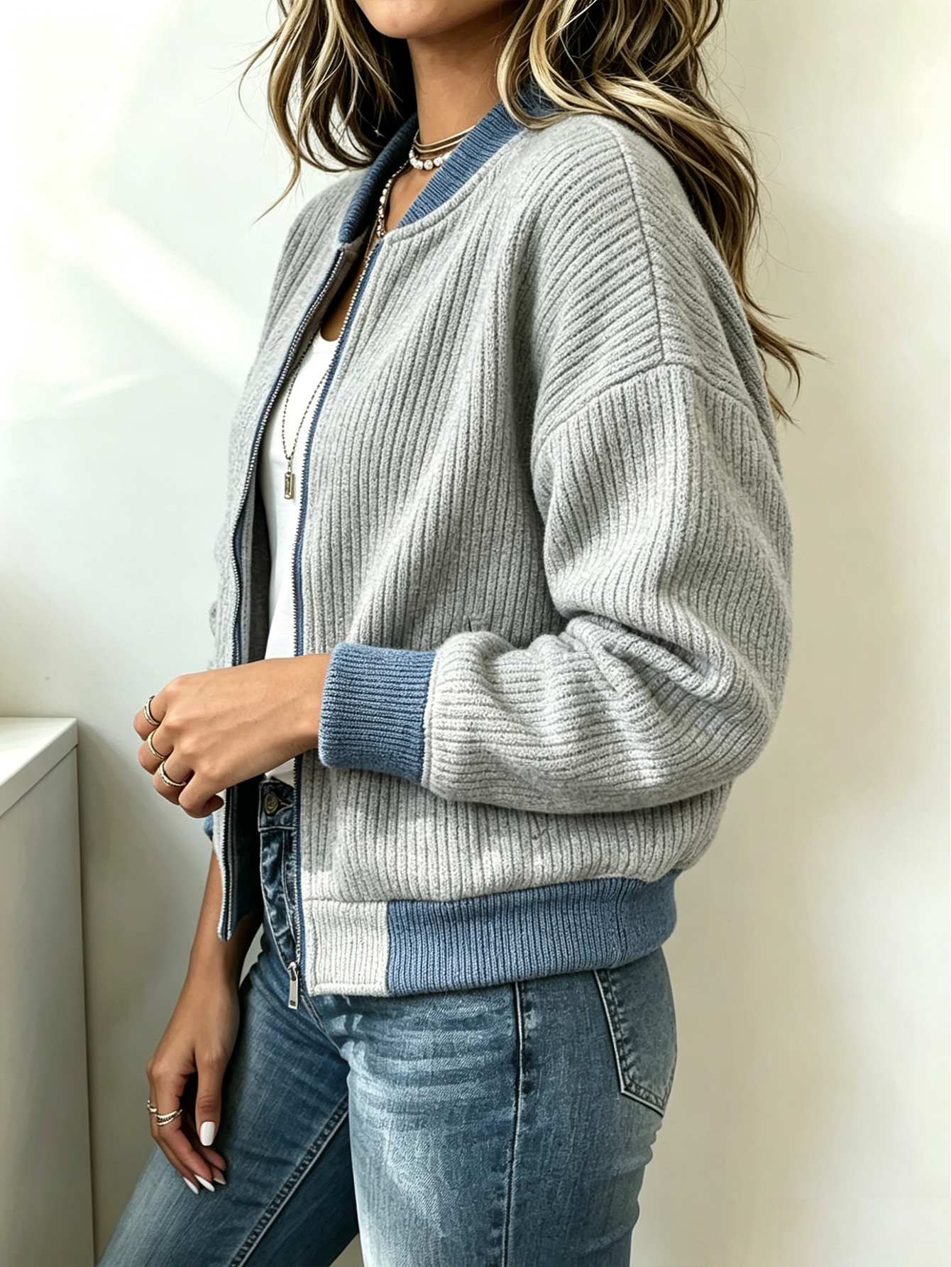 Women's Ribbed Knit Color Block Bomber Zip-Up Jacket