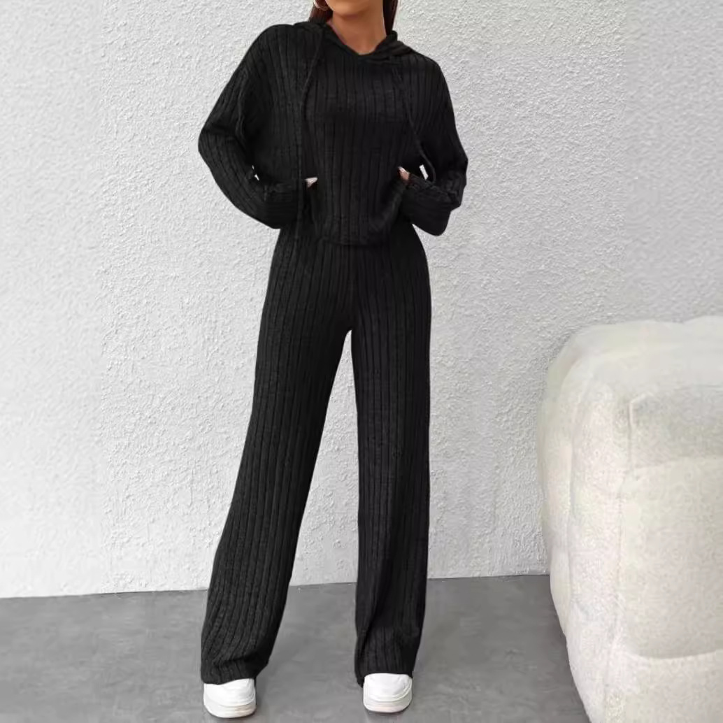 Women's Ribbed Knit Hoodie Set Casual Two Piece Lounge Outfit