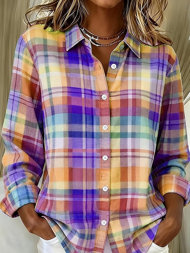 Women's Shirt Buttons Print Graphic Plaid Vintage Stylish Modern Long Sleeve Shirt Collar Regular Tops Daily Blue Yellow Purple Orange Green Summer Spring