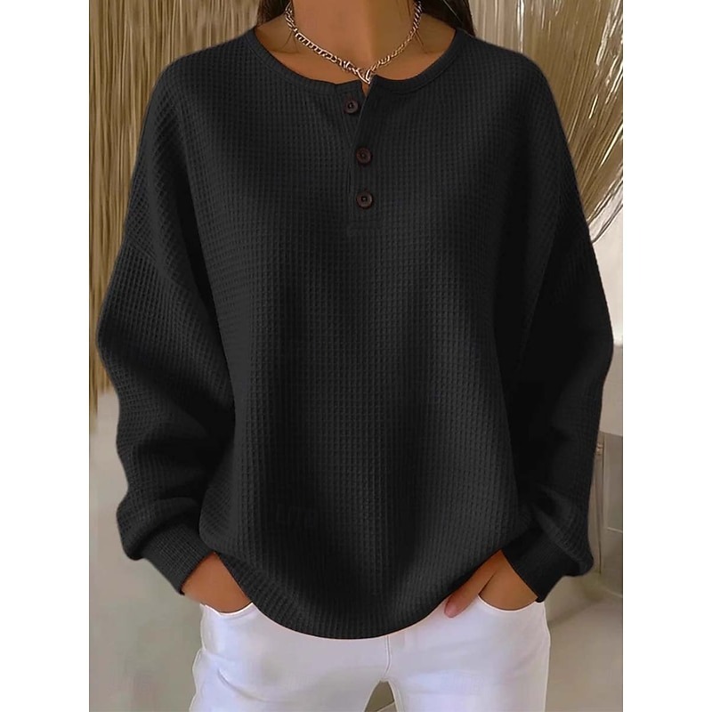 Women’s Waffle Knit Long Sleeve Polo Shirt with Button Placket