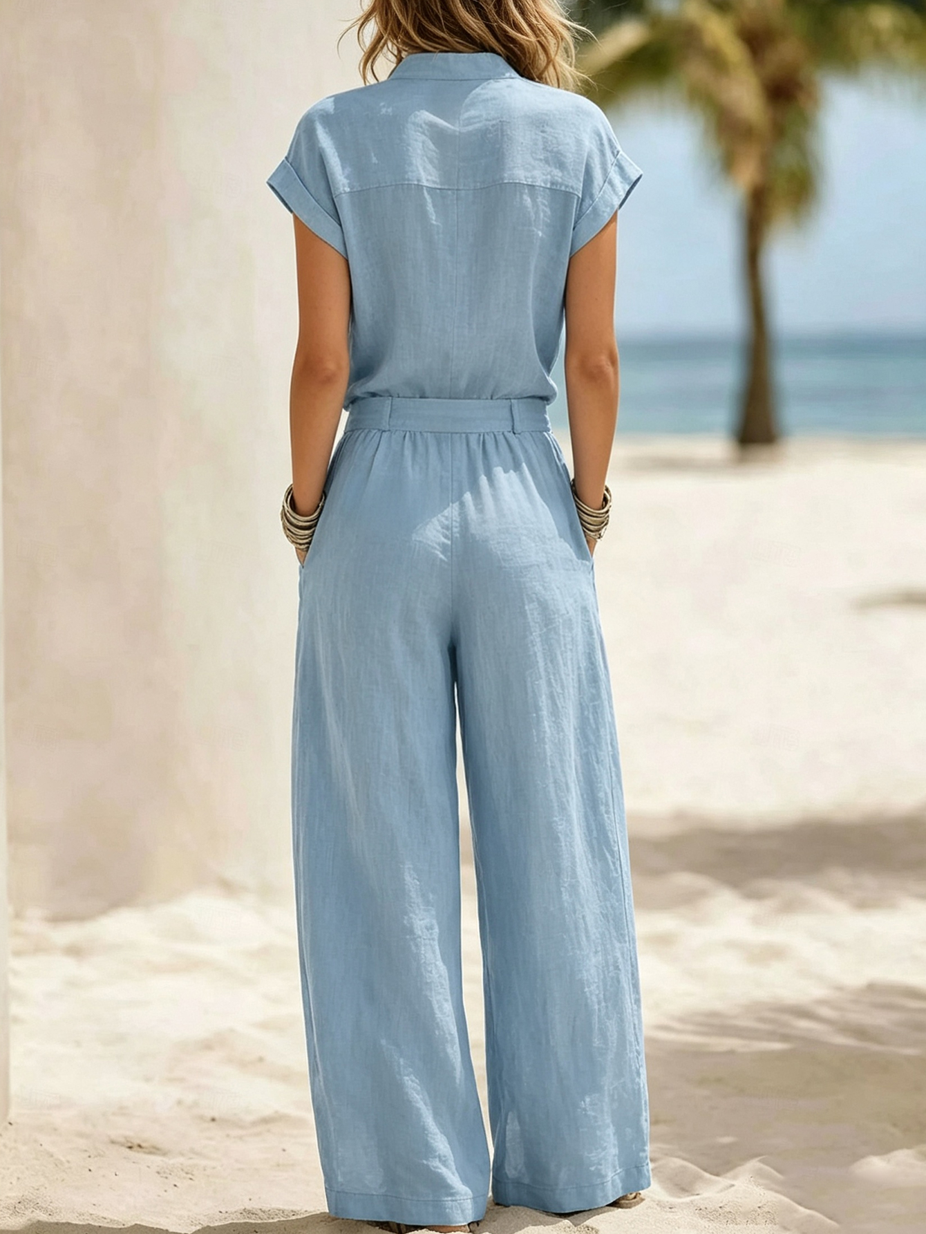 Women's Linen Blend Utility 2-Piece Set V-Neck Pocket Top & Wide Leg Pants