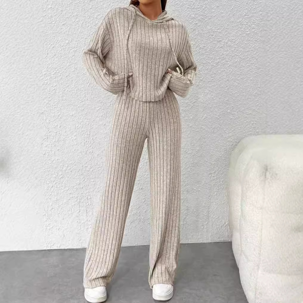 Women's Ribbed Knit Hoodie Set Casual Two Piece Lounge Outfit