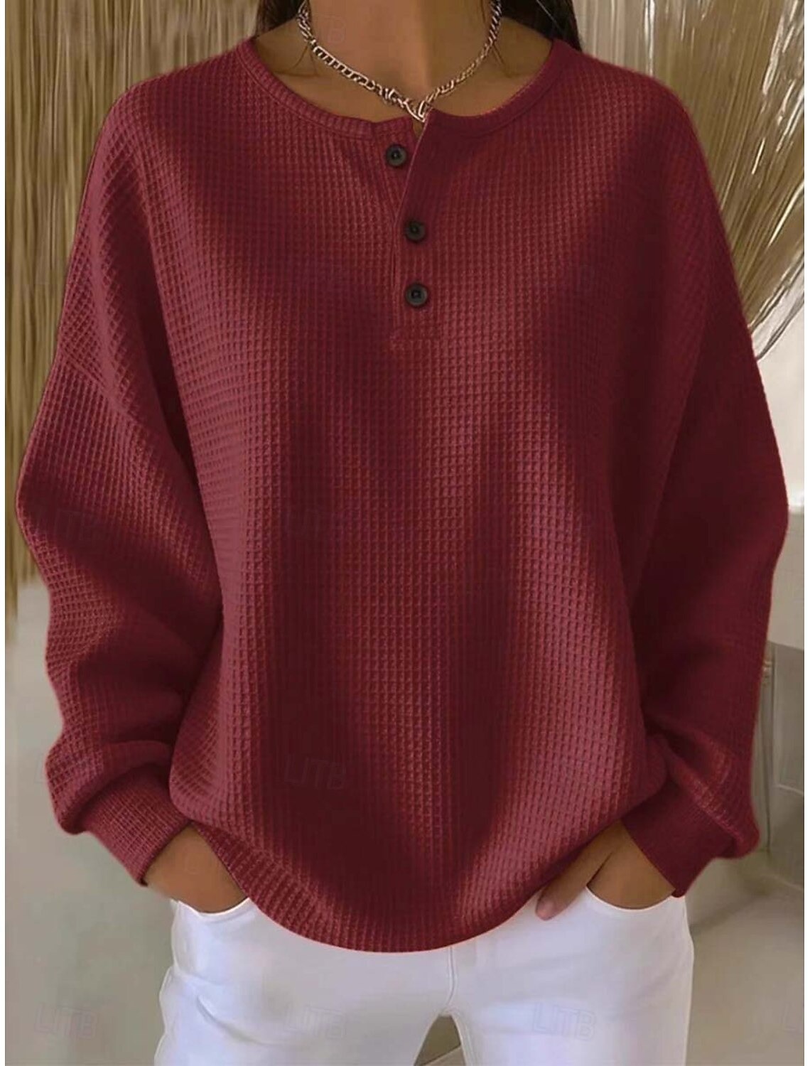 Women’s Waffle Knit Long Sleeve Polo Shirt with Button Placket