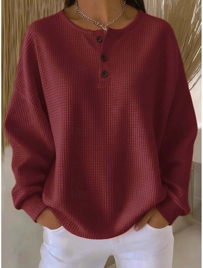 Women’s Waffle Knit Long Sleeve Polo Shirt with Button Placket