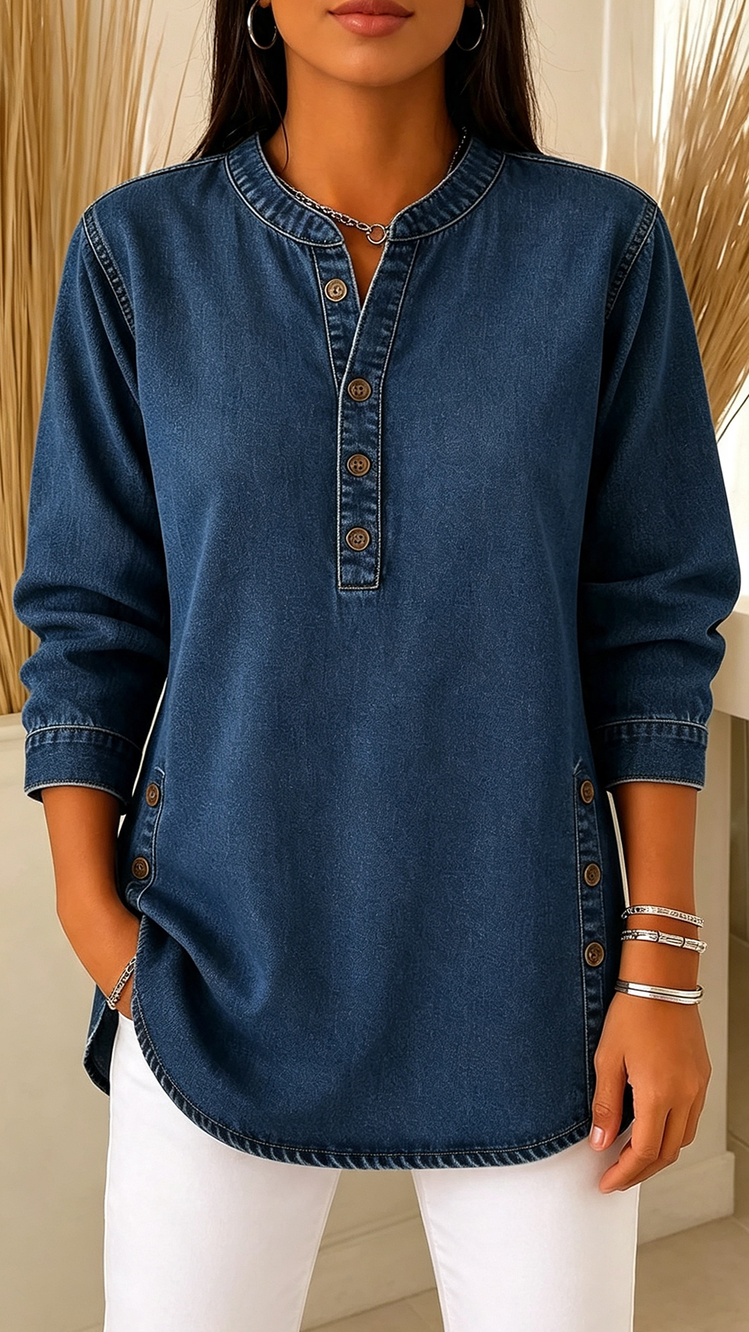Women's Denim Henley Blouse Round Neck Button Detail Relaxed Long Sleeve Tunic Top