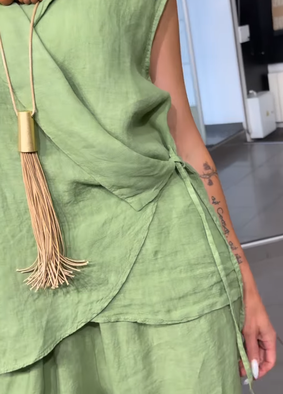 Collared Sleeveless Wrap Side Tie Linen Two Piece Outfit, Loose Wide Leg Jogger Pants Set