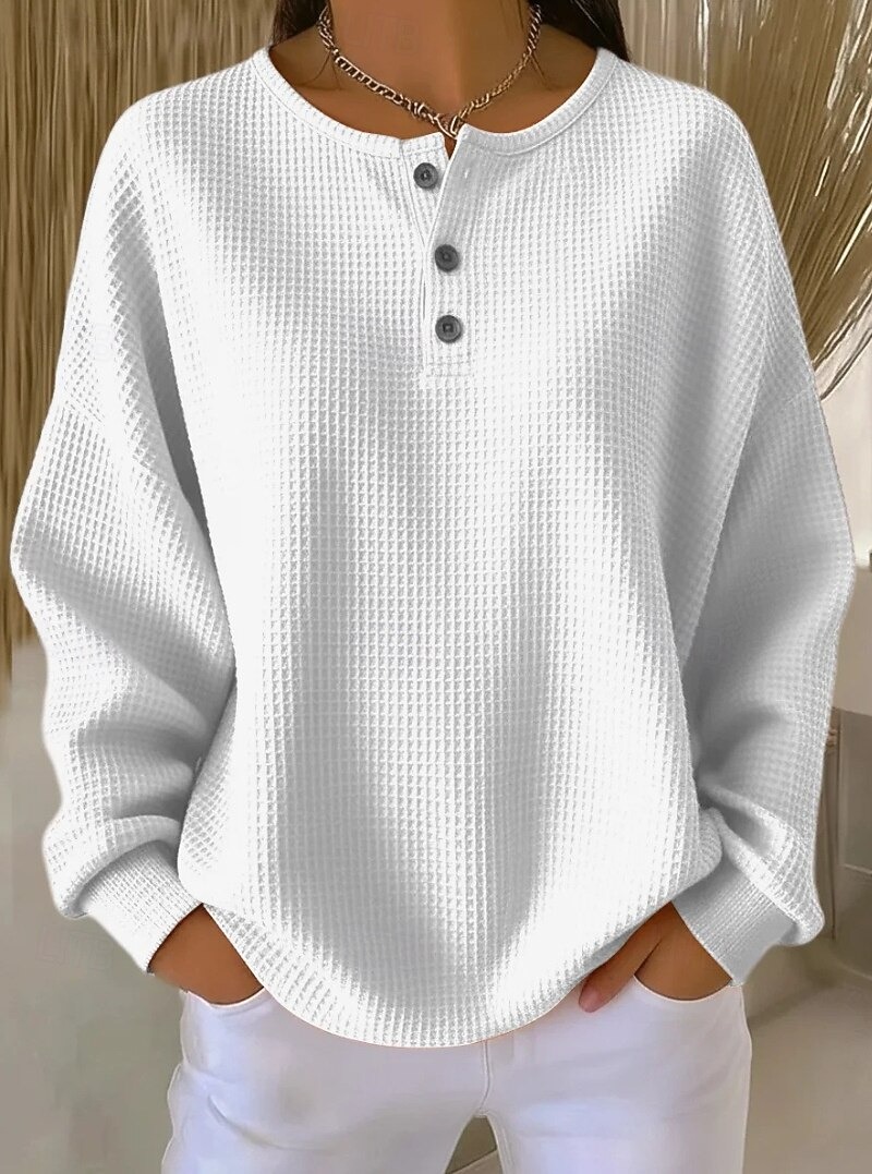 Women’s Waffle Knit Long Sleeve Polo Shirt with Button Placket