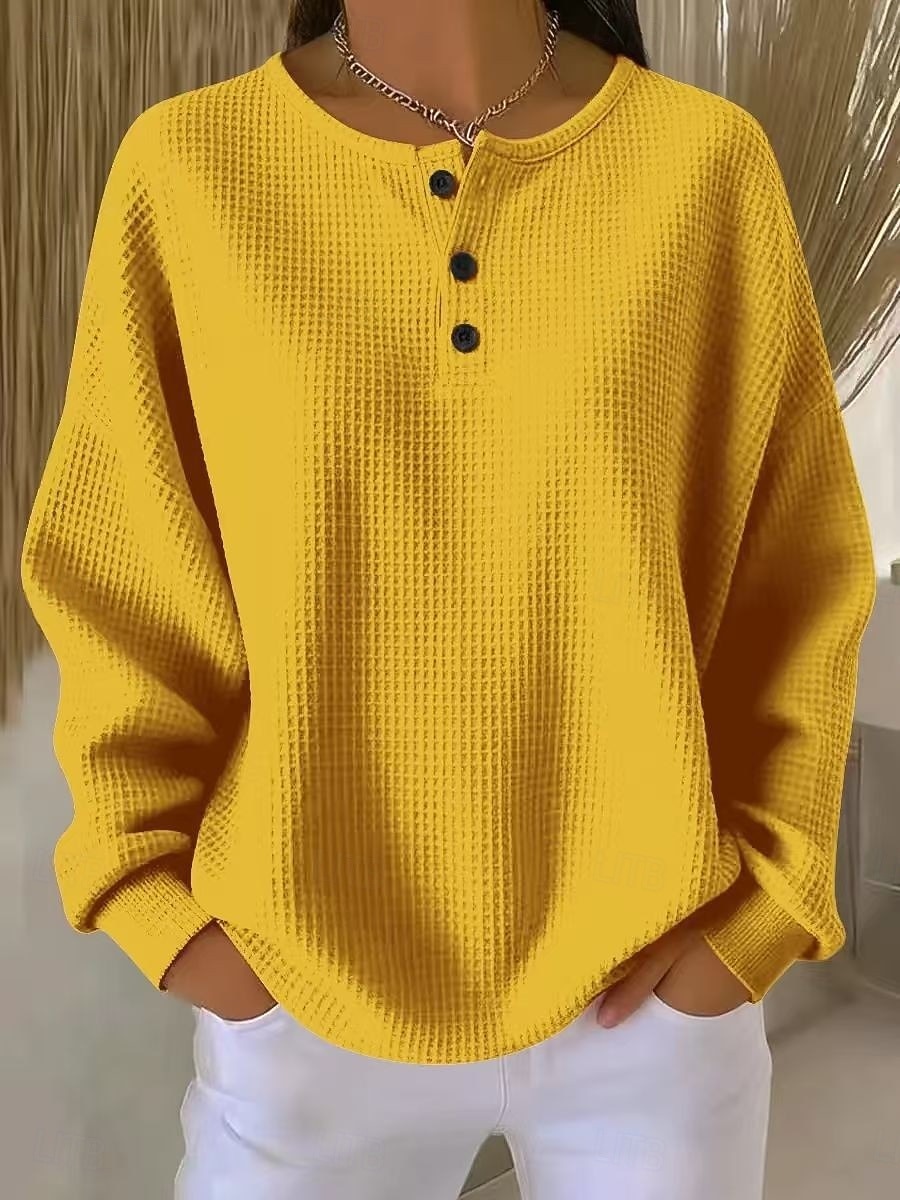 Women’s Waffle Knit Long Sleeve Polo Shirt with Button Placket