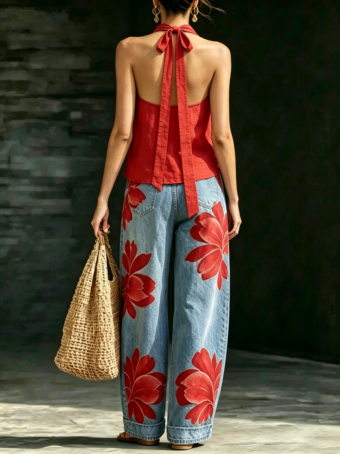 Red Halter Neck Top & Floral Print Wide-Leg Jeans Set – Casual Chic Summer Two-Piece Outfit