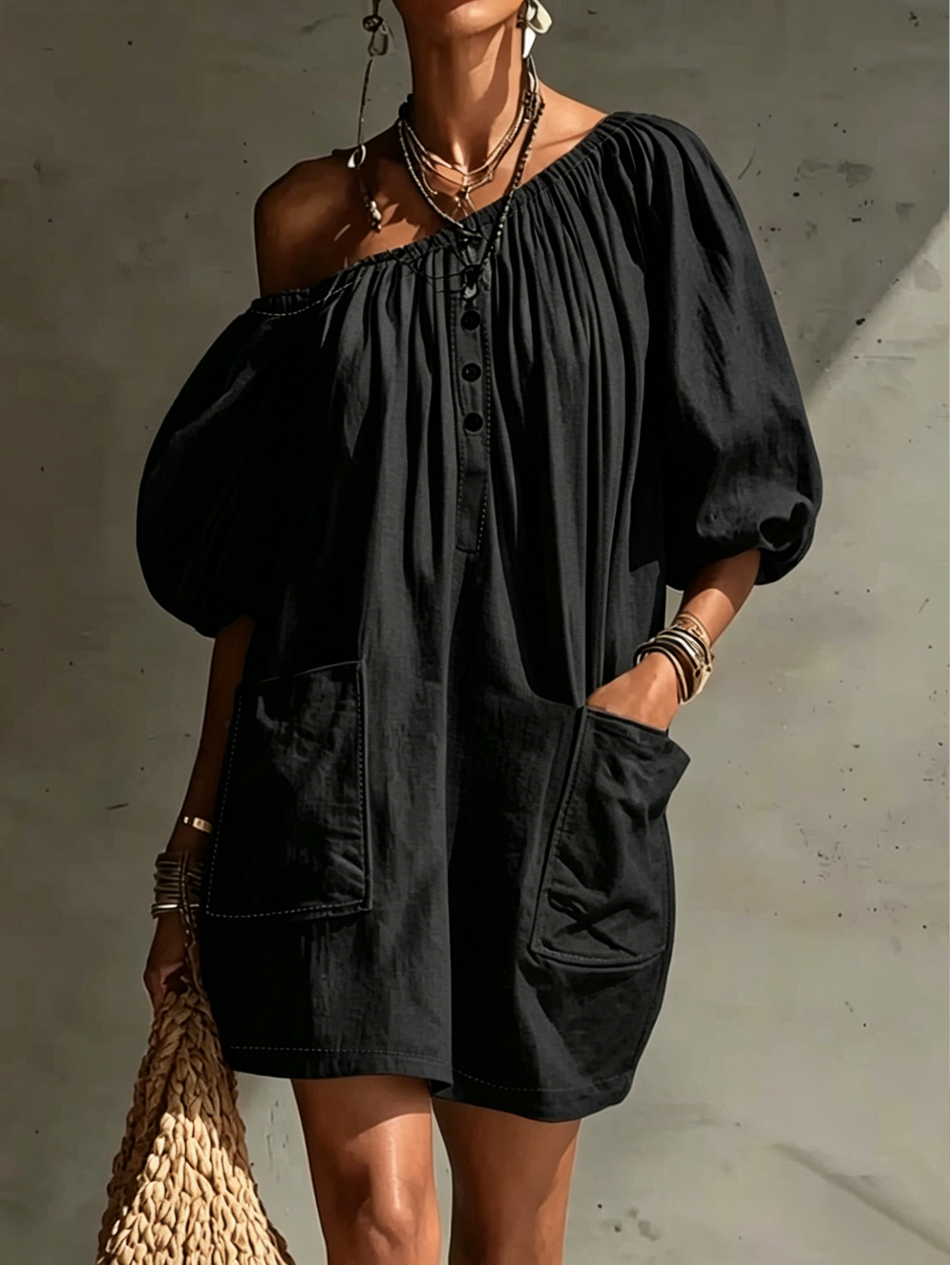 Off-Shoulder Puff Sleeve Mini Dress – Button Front Loose Fit Pocket Dress