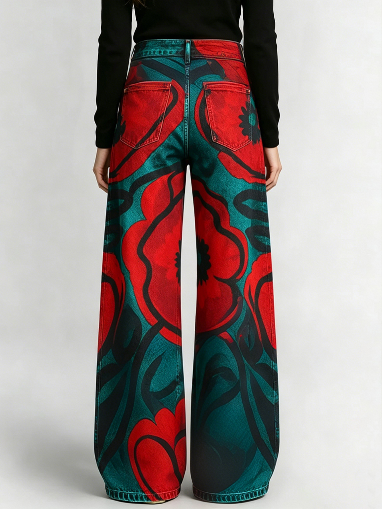 Vintage Floral Print Wide Leg Jeans – High Waist Loose Fit Eyelet Detail Denim Pants