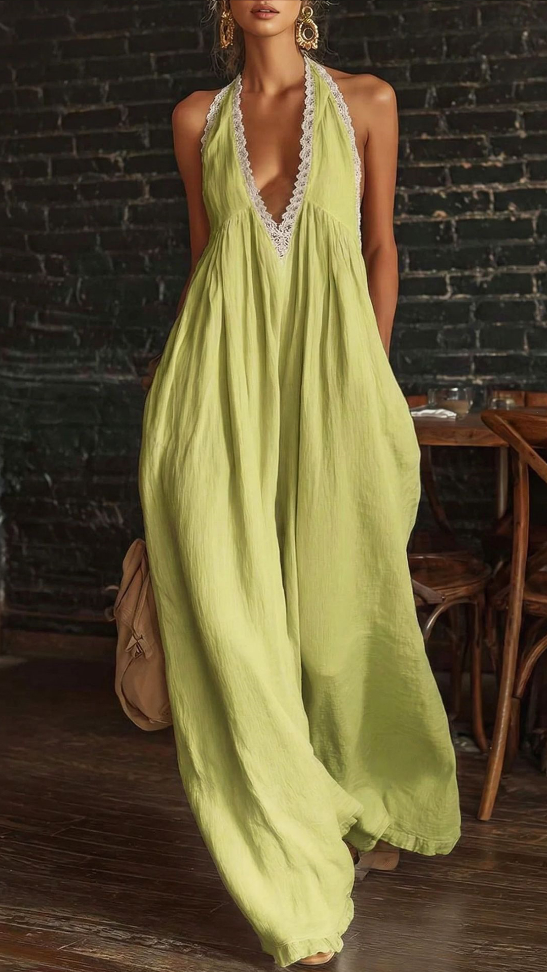 Women's Linen-Cotton Lace Halter Wide-Leg Jumpsuit