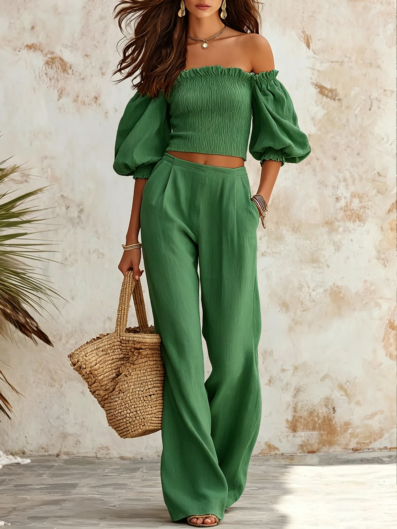 Elegant And Simple Off-the-shoulder Top And Wide-leg Pants Set