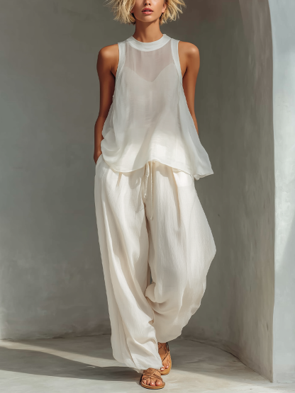 Women's Cream Two-Piece Set With Semi-sheer Chiffon Sleeveless Top & Cotton And Linen Blend Drawstring Wide-Leg Trousers