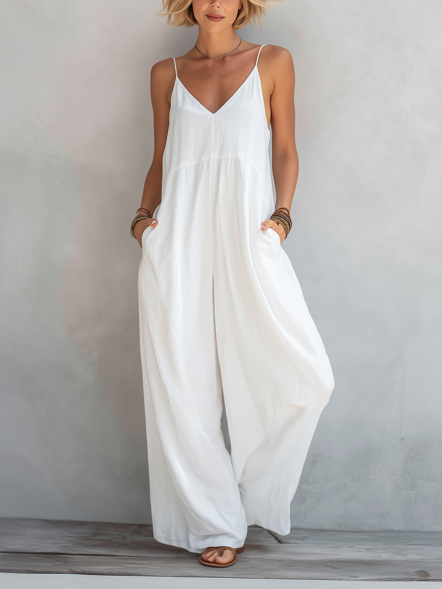 Women's Casual White Cotton-linen Blend Sleeveless Loose Jumpsuit
