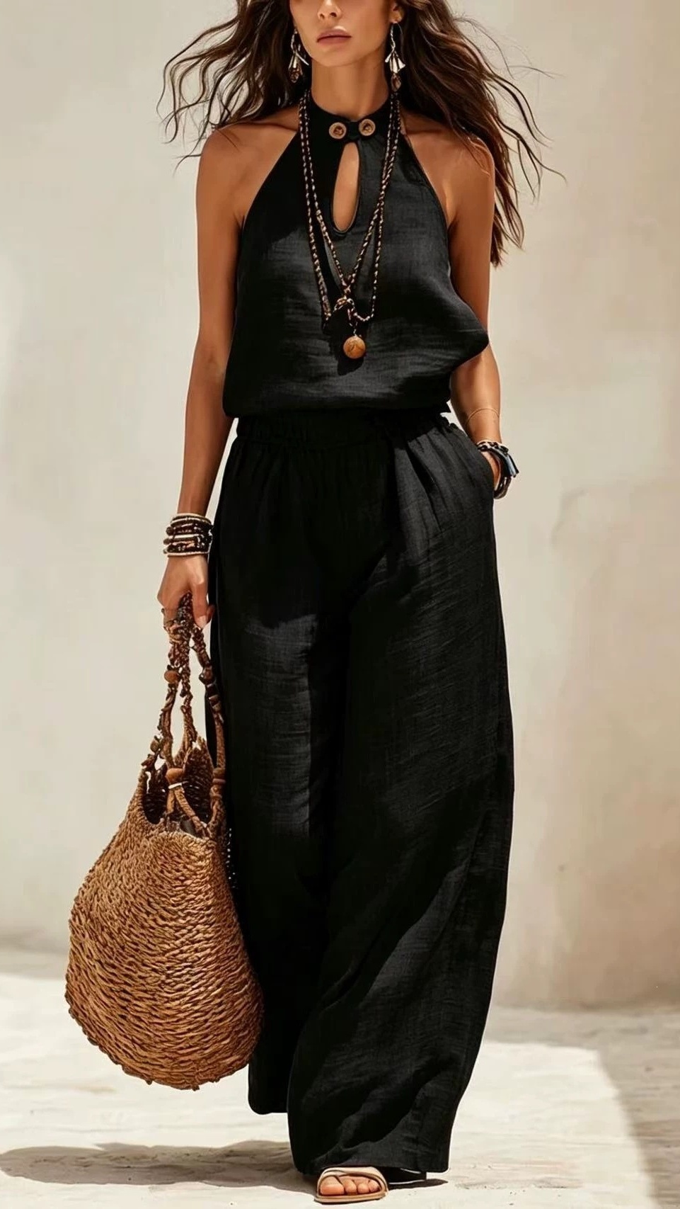 Women's Stylish Cotton-Linen Sleeveless Halter Jumpsuit