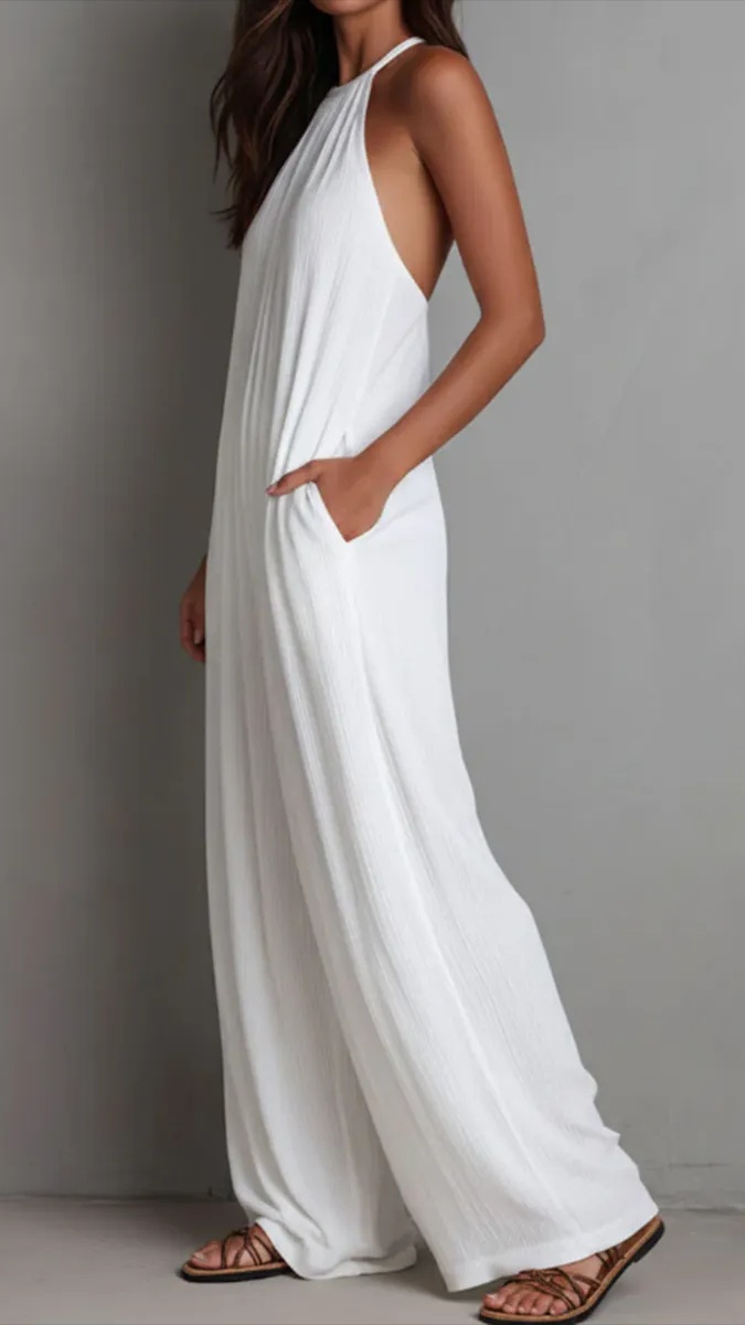 Women Minimalist Halter-neck Loose Cotton-linen Jumpsuit