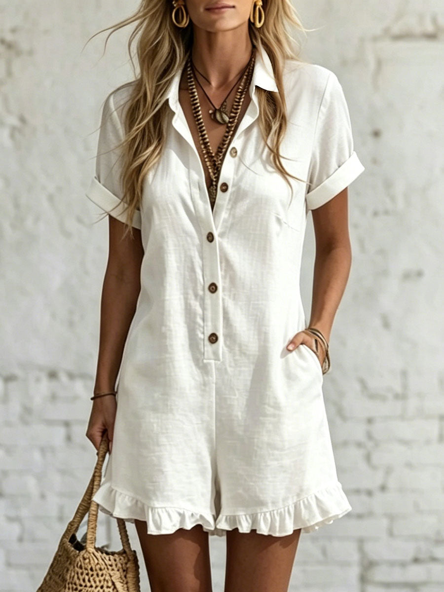 Women's Short-sleeve Shirt Romper --Pleated Cotton-linen Jumpsuit