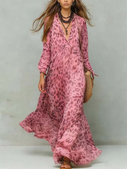 Women's Retro Leopard Pattern Art Print Casual Stylish Maxi Dress