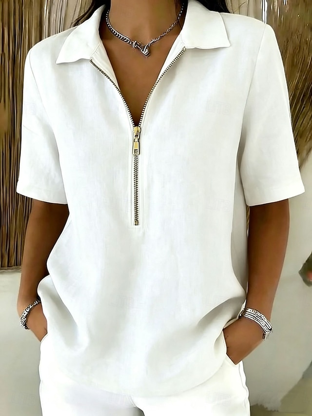 Women's Blouse Faux Linen Shirt Zipper Buttons Solid Color Daily Stylish Casual Short Sleeve Polo Collar Regular Tops Casual Daily Blue Black White Yellow Khaki Summer Spring